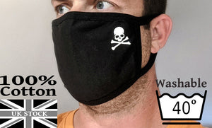 REALLY COMFY Black Cotton Face Covering 'Korean Style' with Skull and CrossBones
